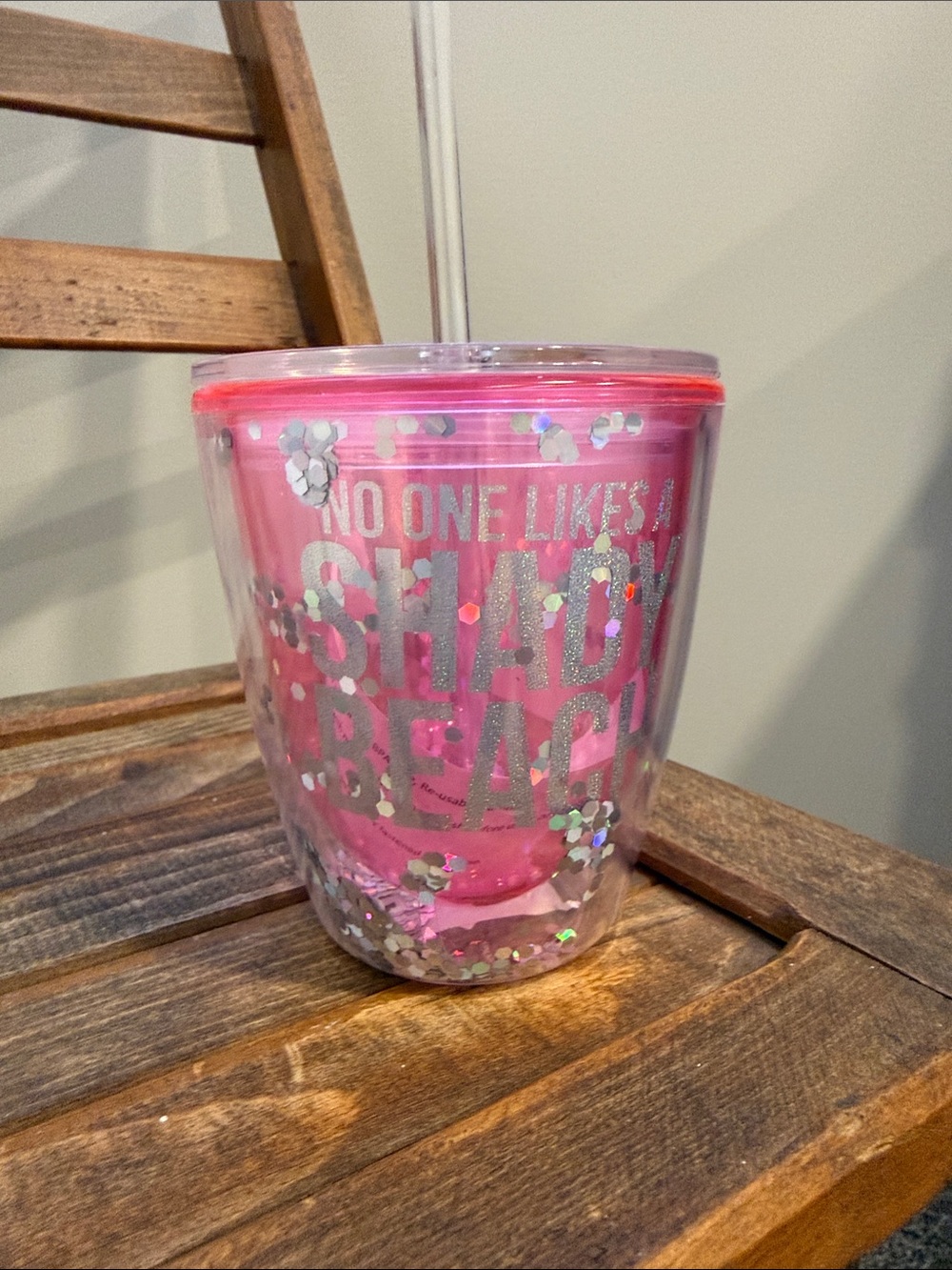 Slant Pink Glitter Insulated Tumbler with Straw - "No One Likes A Shady Beach"